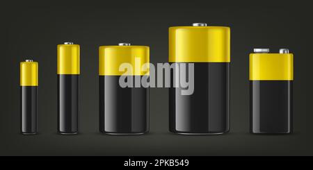 Vector 3d Realistic Black and Yellow Alkaline Battery Icon Set Closeup Isolated. Diffrent Size - AAA, AA, C, D, PP3. Design Template for Branding Stock Vector