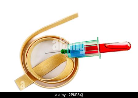 Latex tourniquet with sample body, top view. Stock Photo