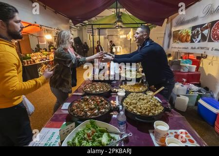 England, London, Spitalfields, Brick Lane, Market Food Stall Stock Photo