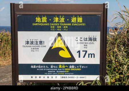 Japan, Honshu, Izu-Oshima Island, Bi-lingual Tsunami Warning Sign Stock Photo