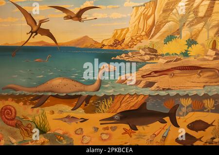 England, Dorset, Dorchester, Dorset Museum, Wall Painting depicting Historical Scene of The Jurassic Coast Stock Photo