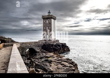 Lighthouse Phare De Kermorvan At Village Le Conquet At The Finistere Atlantic Coast In Brittany, France Stock Photo