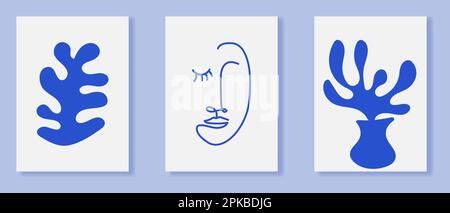 Set of abstract art poster set inspired by Matisse. Female face silhouette, botanical shapes. Vector illustration Stock Vector