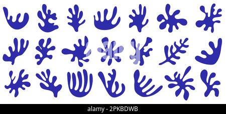 Set of blue hand drawn sea shapes in Matisse style. Vector illustration isolated on white background Stock Vector