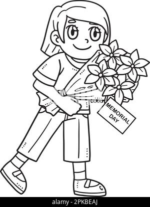 Child Offering Flowers Isolated Coloring Page  Stock Vector