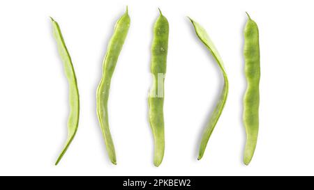 Flat green pods of raw helda romano string beans isolated on a white background. Summer diet, Healthy nutrition concept. Food and organic vegetables. Stock Photo