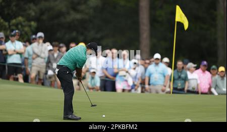 Augusta, United States. 06th Apr, 2023. Patrick Reed putts on the first green during the first round at the Masters tournament at Augusta National Golf Club in Augusta, Georgia on Thursday, April 6, 2023. Photo by John Angelillo/UPI Credit: UPI/Alamy Live News Stock Photo
