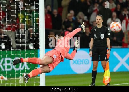 Wembley Stadium, London, UK. 6th Apr, 2023. Womens Finalissima Football, England versus Brazil; goalkeeper Mary Earps of England saves in the penalty shoot out from Tamires at 1-1. Credit: Action Plus Sports/Alamy Live News Stock Photo