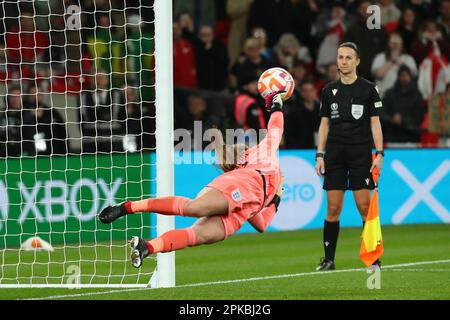 Wembley Stadium, London, UK. 6th Apr, 2023. Womens Finalissima Football, England versus Brazil; goalkeeper Mary Earps of England saves in the penalty shoot out from Tamires at 1-1. Credit: Action Plus Sports/Alamy Live News Stock Photo