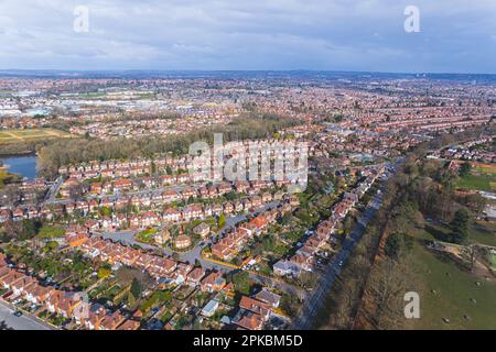 Wollaton - suburb and former parish in the western part of Nottingham, England seen from aerial view. Stunning red-tiled houses in the neighbourhood. High quality photo Stock Photo