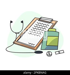 flat illustrations of stethoscopes, board mats and pill cases and pills Stock Vector