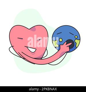 flat vector illustration, cute heart using stethoscope checking globe. Stock Vector