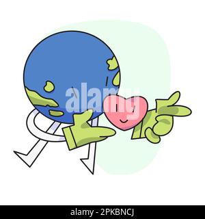 flat vector illustration, cute globe guarding the heart. Stock Vector