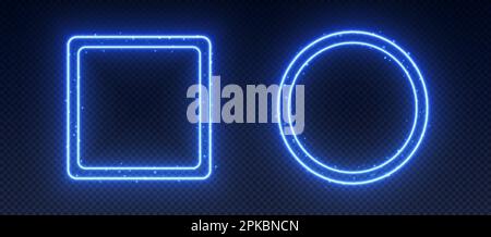 Neon frames, glowing borders with sparkles, blue led circle and square with double borders. Stock Vector