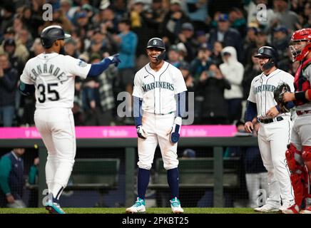 Seattle Mariners Teoscar Hernandez swings through while batting against the  Colorado Rockies during the third inning of a baseball game, Friday, April  14, 2023, in Seattle. (AP Photo/John Froschauer Stock Photo - Alamy