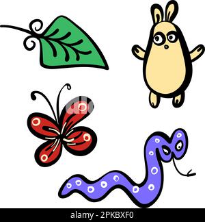 Hand Drawn Sketch Art Collection of Funny Colorful Cartoon Doodle. Animals, Plants, Symbols. Illustrations on White Background. Stock Vector