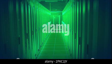 Image of binary coding over green neon server room Stock Photo