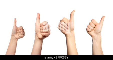 Collage with photos of people showing thumbs up on different color ...