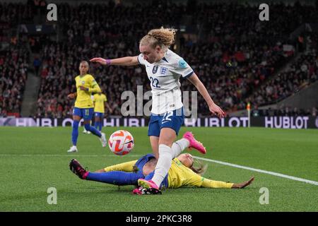 London, England, April 6th 2023: Katie Robinson (22 England) is tackled during the Womens Finalissima 2023 football match between England (UEFA Womens European champion) and Brazil (CONMEBOL Womens South American champion) at Wembley Stadium, London, England (Natalie Mincher/SPP) Credit: SPP Sport Press Photo. /Alamy Live News Stock Photo