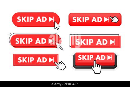 Set of Skip ad button. Hand pointer clicking. Skip ad web buttons Stock Vector