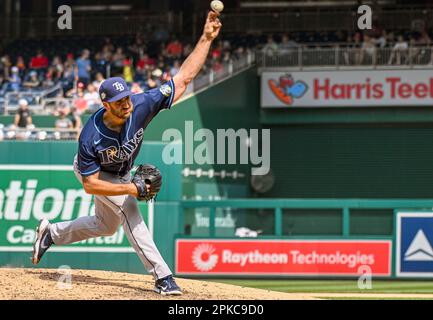 WASHINGTON, DC - APRIL 04: Tampa Bay Rays center fielder Jose Siri (22)  focuses on the pitcher during the Tampa Bay Rays versus Washington  Nationals MLB game at Nationals Park on April