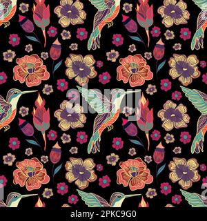 Seamless floral pattern with hummingbirds and flowers vector illustration Stock Vector