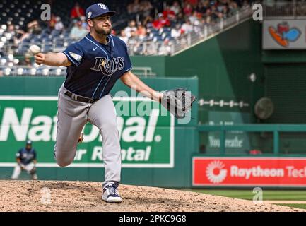 WASHINGTON, DC - APRIL 04: Tampa Bay Rays center fielder Jose Siri (22)  focuses on the pitcher during the Tampa Bay Rays versus Washington  Nationals MLB game at Nationals Park on April