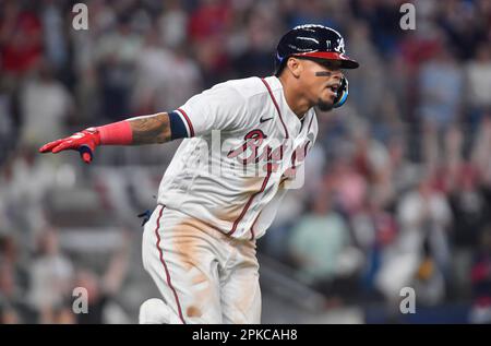 Atlanta, GA, USA. 06th Apr, 2023. Atlanta Braves infielder Orlando Arcia  begins to celebrate as he runs down the first baseline after hitting a  single to center field during the ninth inning