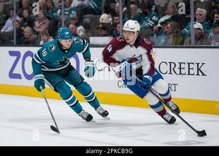 Colorado Avalanche defenseman Bowen Byram (4) fights with Arizona Coyotes  center Drake Caggiula, right, during the third period of an NHL hockey game  Friday, Feb. 26, 2021, in Glendale, Ariz. The Avalanche