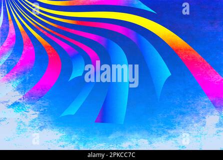 abstract background with stripes and lines bright yellow orange pink blue swirling rays on a blue background Stock Photo