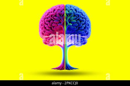 two-part Human Brain trees yellow isolated illustration concept art yellow background Stock Photo
