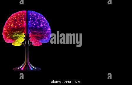 two-part Human Brain trees yellow isolated illustration concept art yellow background Stock Photo