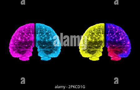 two-part Human Brain trees yellow isolated illustration concept art yellow background Stock Photo