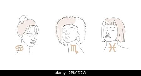 Cancer, scorpio, pisces. Water zodiac signs with linear female faces. Astrological icons on white background. Mystery and esoteric. Vector Stock Vector