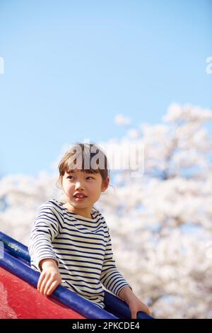 Girl sliding down slide in park with cherry blossoms Stock Photo