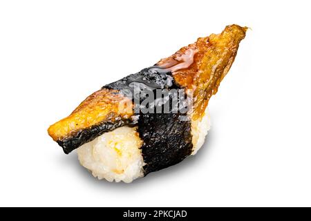 Delicious homemade Unagi Nigiri sushi (eel sushi) isolated on white background with clipping path. Stock Photo