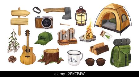 Camping, hiking equipment for trekking tourists watercolor set. Summer travel tools collection. Hand-drawn illustration isolated on white background Stock Photo