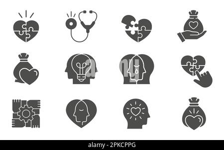 Mental health icons, such as donation, charuty, empathy, integrity and more. Vector illustration isolated on white. Stock Vector