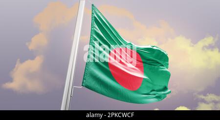 Bangladesh national flag waving in beautiful sky. 3d waving flag of bangladesh flag. Happy independence day of bangladesh. Stock Photo