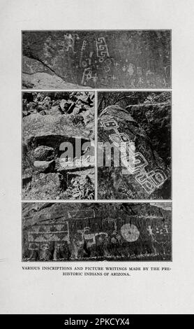 Various Inscriptions and Picture Writings Made by the Prehistoric Indians of Arizona from the book ' Arizona, the wonderland ' the history of its ancient cliff and cave dwellings, ruined pueblos, conquest by the Spaniards, Jesuit and Franciscan missions, trail makers and Indians; a survey of its climate, scenic marvels, topography, deserts, mountains, rivers and valleys; a review of its industries; an account of its influence on art, literature and science; and some reference to what it offers of delight to the automobilist, sportsman, pleasure and health seeker. By George Wharton James. Publi Stock Photo