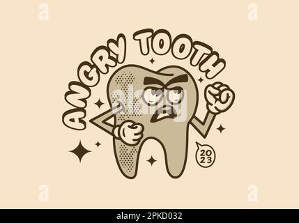 Vintage mascot character illustration design of a tooth with angry face Stock Vector