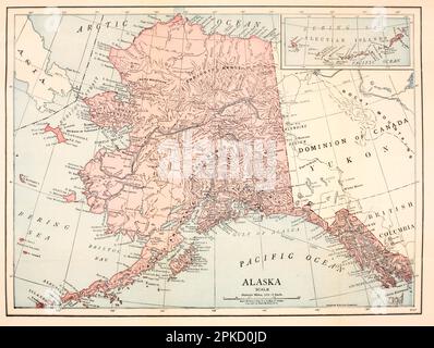 Map of the State of Alaska from the book ' Alaska, our beautiful northland of opportunity  ' by Agnes Rush Burr, A Description of Its Rivers, Mountains, Glaciers, Volcanoes, and Other Beautiful and Unusual Scenic Features and of the Rare Delights It Offers Travellers, Big Game Hunters, Mountain Climbers, Explorers ; Its Towns and Pioneer Settlements ; The Government Railroad and Mount McKinley National Park; Its Rich Resources; Its Openings for New Business Enterprises ; Its Indians, Their Primitive Customs and Present Development ; Its Romantic Early History When Russian, Spanish, and Other N Stock Photo