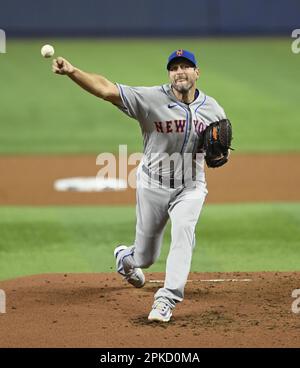 New York Mets' Max Scherzer looks towards the ground as he walks