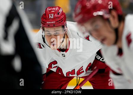 Carolina Hurricanes right wing Jesse Puljujarvi (13) plays against the  Detroit Red Wings in the first period of an NHL hockey game Thursday, March  30, 2023, in Detroit. (AP Photo/Paul Sancya Stock