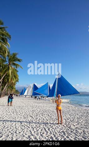 Traditional boats at White Beach, Station 2, Barangay Balabag, Boracay Island, Visayas Island Group, Philippines Stock Photo