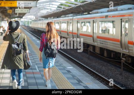 Two women walking on the platform of a train Stock Photo