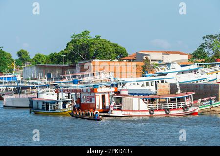 Traditional wood boats in the Parintins harbour, Parintins (Amazona) state, Brazil Stock Photo