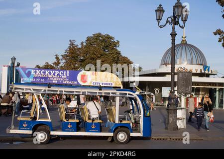 Tourist bus in front of funicular station, Funikular, at Potemkin Stairs, Odessa, Ukraine Stock Photo