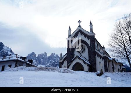 Church, Immaculate Virgin Mary, Falcade, Dolomites, Province of Belluno, Veneto region, Italy, Falcade, Veneto, Italy Stock Photo