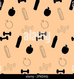 Seamless pattern with icons of gym dumbbells, bottles of water, and apples. Vector illustration Stock Vector